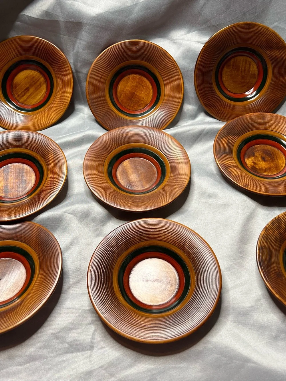 Japanese Hand-Turned Wooden Plates in Brown with Green & Red Inlay - Set of 9